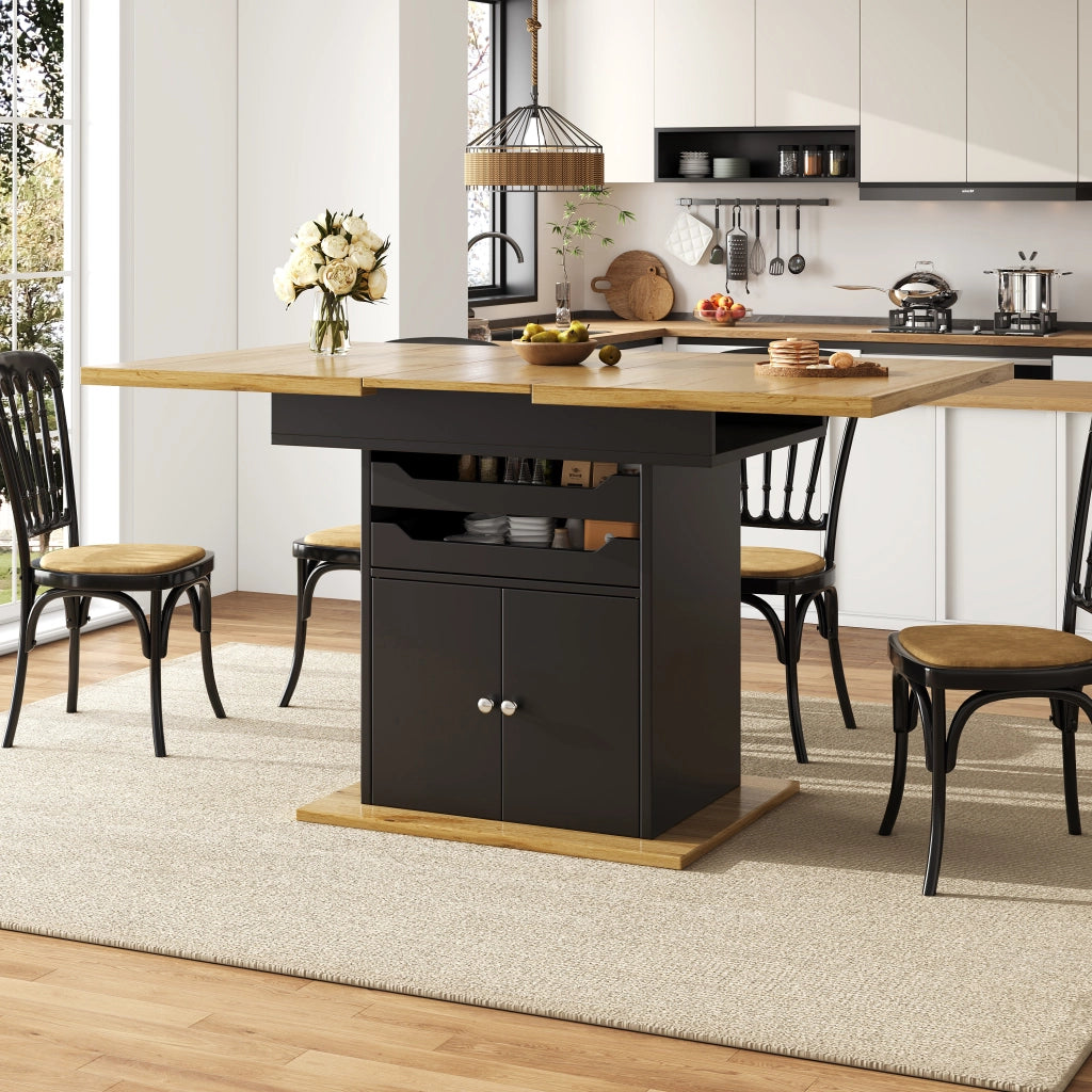Tavolo da Pranzo per 4 a 6 Persone con 2 Cassetti e 1 Vano Contenitore Allungabile in MDF 110-140x80x76 cm Nero