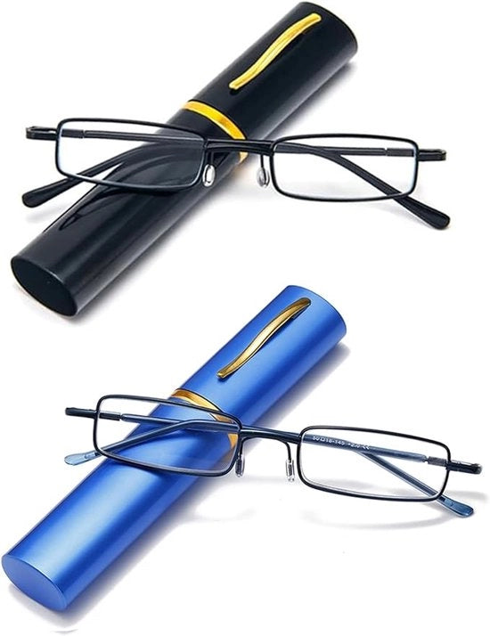 Due pacchi di occhiali da lettura metallici ultradunni, adatti a uomini e donne, con una borsa portatile - 2.0 diottre (nero + blu)