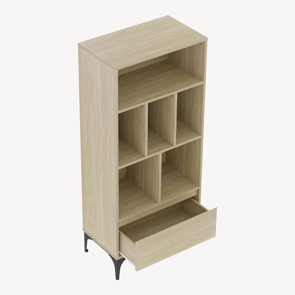 Libreria Kistiandi con 6 Vani Aperti e Cassetto 137 x 60 x 35 cm - Effetto Rovere Chiaro [en.casa]