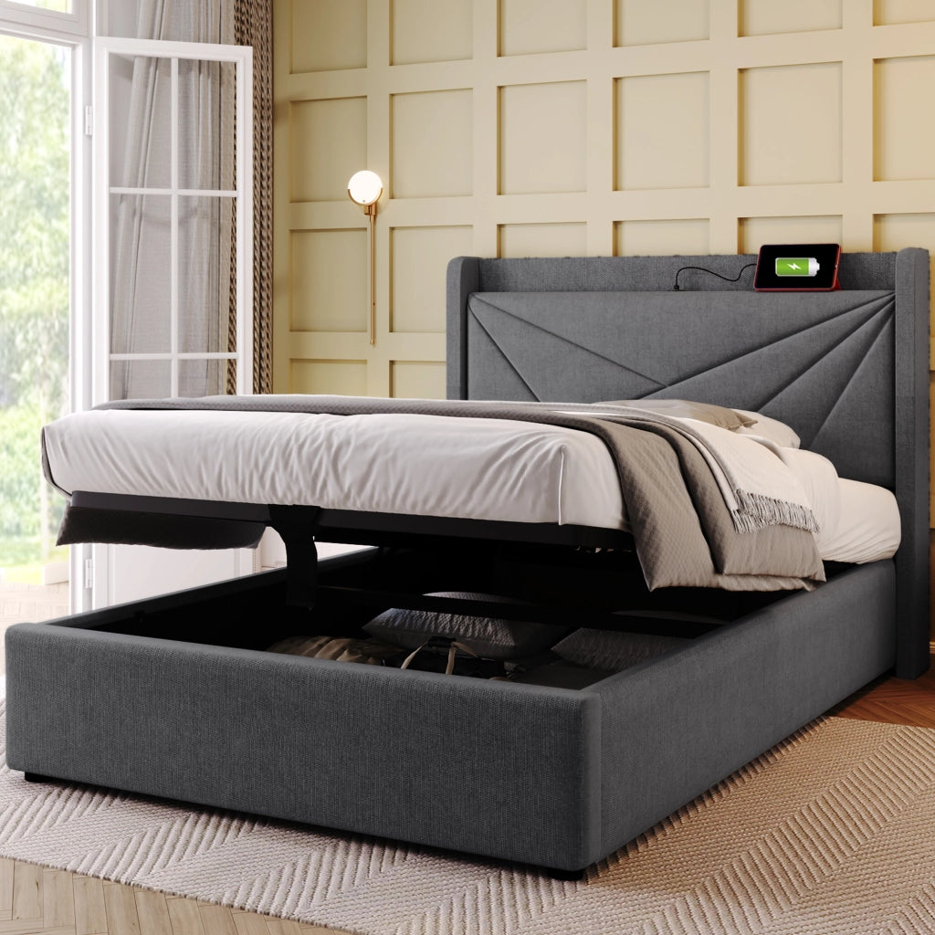 DESMIU Letto Singolo 90 × 200 cm con USB, Type-C, contenitore e materasso incluso, in cotone e lino, grigio