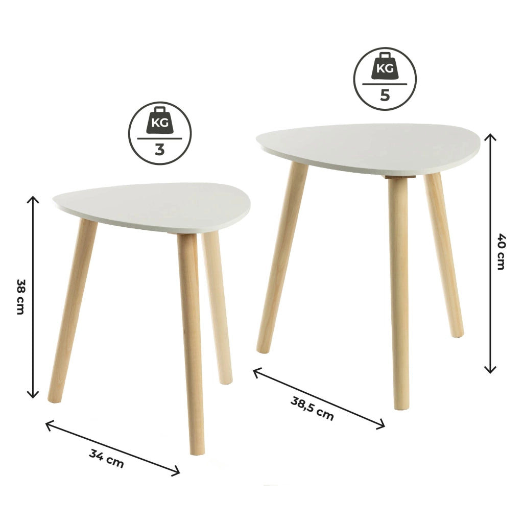 Set di 2 Tavolini da Caffè Moderni Tavolini Sovrapponibili per Salotto con Gambe in Legno di Pino e Ripiano in MDF Bianco Design Scandinavo, Facile da Montare