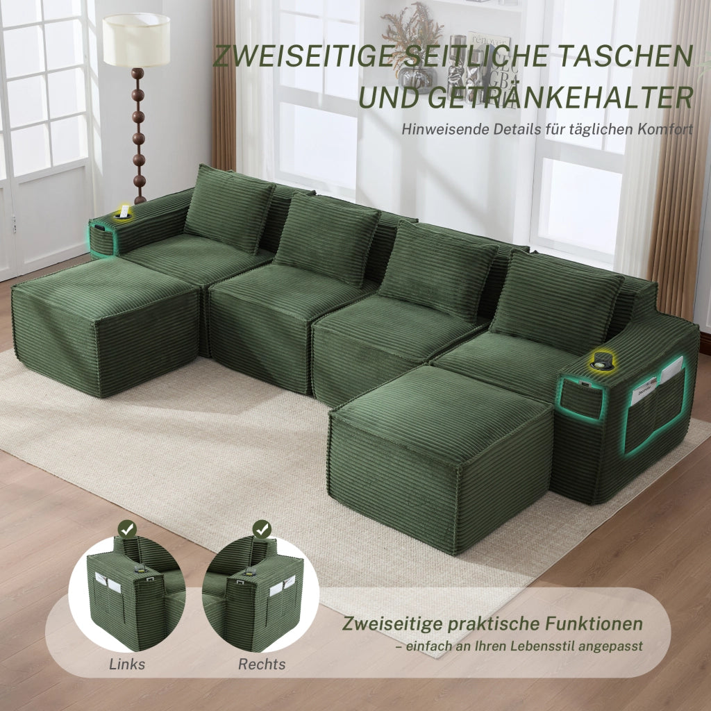 Divano modulare 4 posti con portabicchieri e tasche laterali in tessuto a coste verde 330 × 162 × 75 cm