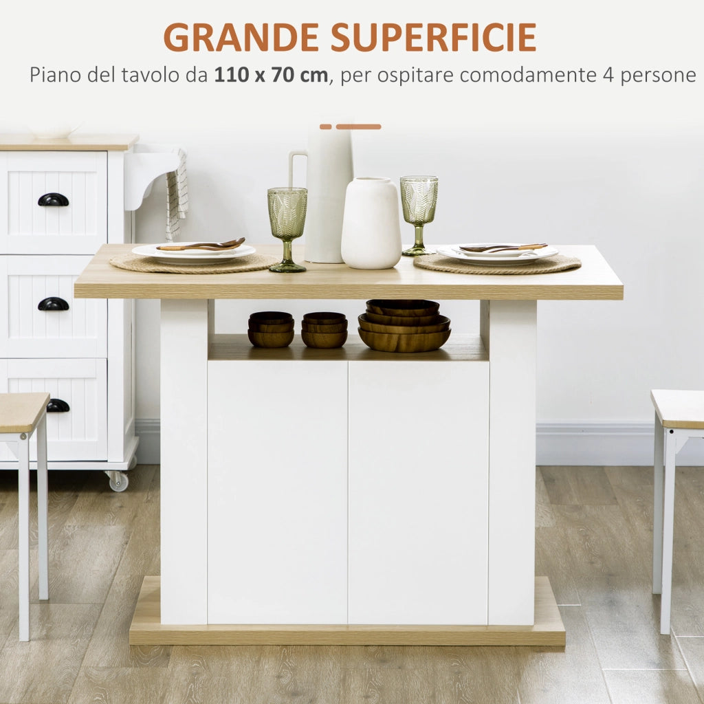 Tavolo da Cucina 4 Persone con Armadietti ¨C Zephmum ¨C Bianco e Legno, 110x70x75.5 cm