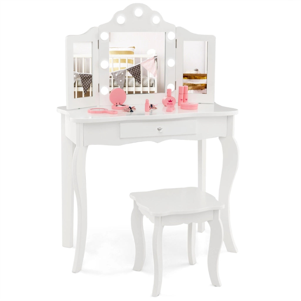 Set tavolo da trucco per bambini con sgabello, Set tavolo vanity principessa con specchio a tre pieghe in vetro Bianco-Toelette per bimbi
