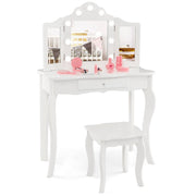 Set tavolo da trucco per bambini con sgabello, Set tavolo vanity principessa con specchio a tre pieghe in vetro Bianco-Toelette per bimbi