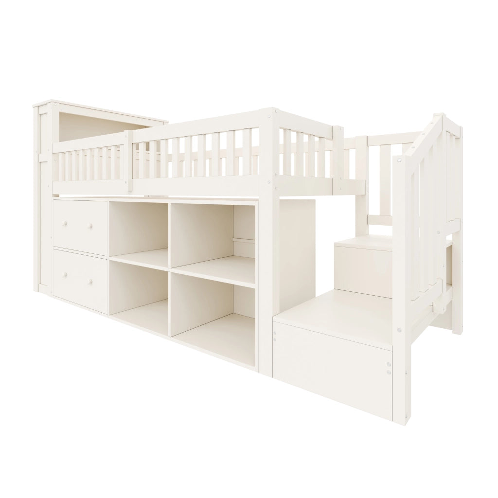Letto rialzato per bambini 90x200 cm con cassetti; vani portaoggetti; scala contenitore e LED; bianco