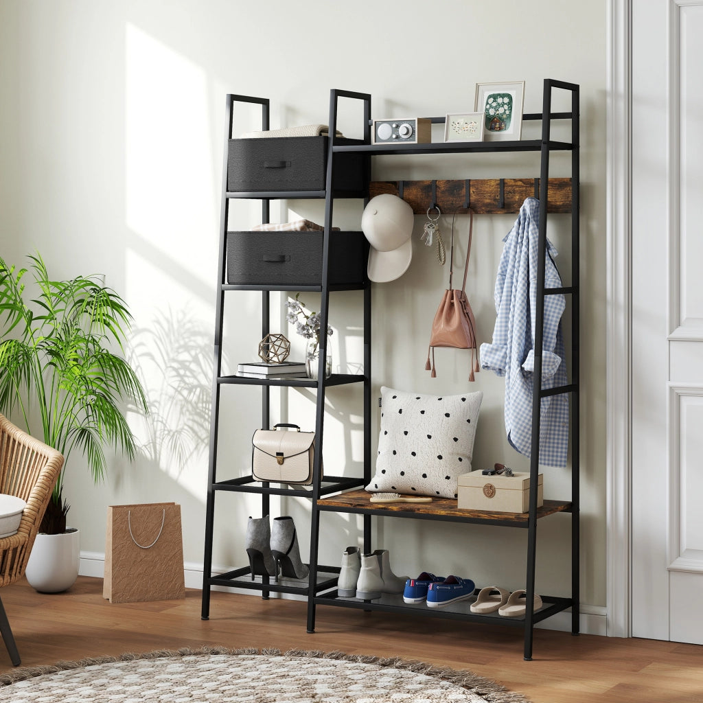 Appendiabiti con scaffale e cassetti ¨C zephmum ¨C grigio, acciaio e legno, 125x43x185,5 cm