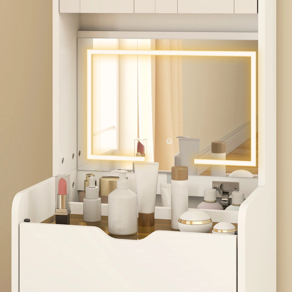 Toeletta Trucco con Specchio Illuminato e Sgabello Luce Regolabile Cassetti e Armadietto in MDF Bianco