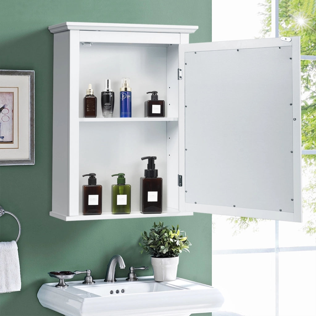 Mobiletto da bagno con anta specchio ripiano regolabile-Armadietto dei medicinali a parete 56x14x69cm Bianco