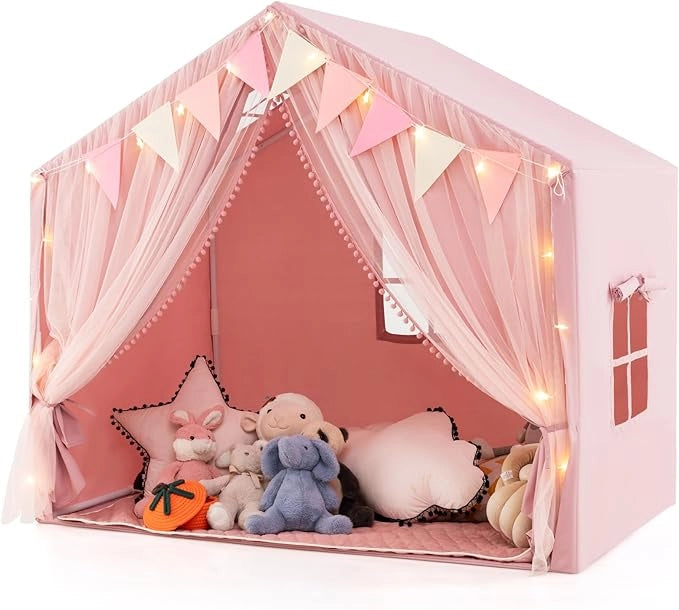 Tenda da Gioco per Bambini, Tenda Castello per 3-4 Bambini con Tende in Tessuto e Rete Luci a Stella e Finestre, Materassino in Cotone, per Bambini 3 Anni+, 146x96x133 cm (Rosa)