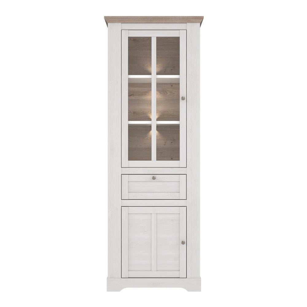 Vetrina Forma 2 Ante con Cassetto e Luci LED Rovere Bianco Neve e Olmo Scuro – Compatta e Raffinata
