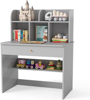 Scrivania in Legno 80 x 48 x 102 cm per Bambini 3+ Anni, Scrivania Cameretta Bambina con 5 Mensole, 1 Cassetto, Spazio di Lavoro e Angoli Arrotondati, Ideale per Studio e Disegno (Grigio)