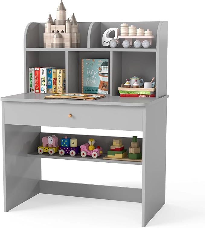 Scrivania in Legno 80 x 48 x 102 cm per Bambini 3+ Anni, Scrivania Cameretta Bambina con 5 Mensole, 1 Cassetto, Spazio di Lavoro e Angoli Arrotondati, Ideale per Studio e Disegno (Grigio)