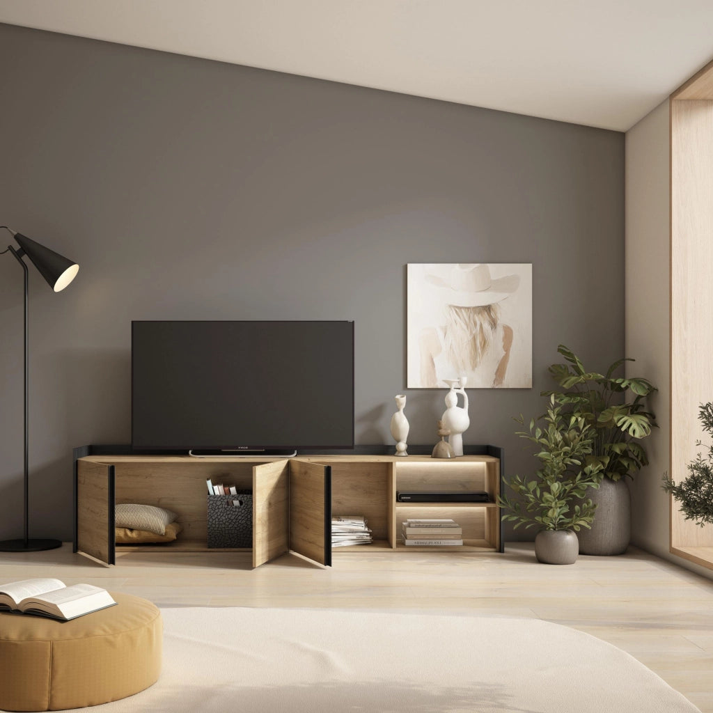 Mobile TV Soggiorno, 207x50x35 cm, Per TV fino a 80", LED, Rovere e nero