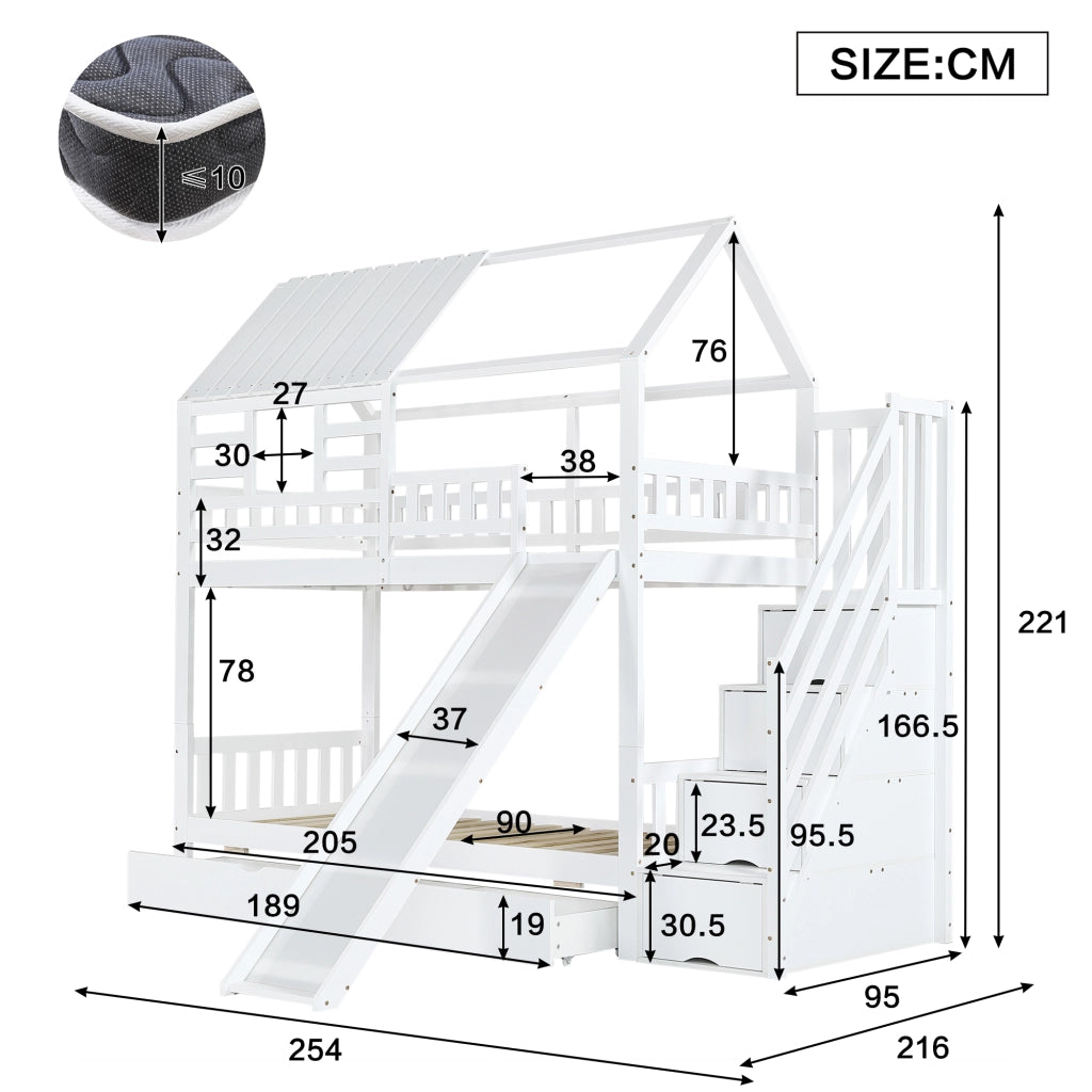 Letto a Castello 90x200 cm con Scala; Scivolo; Contenitori e Cassetti in Bianco