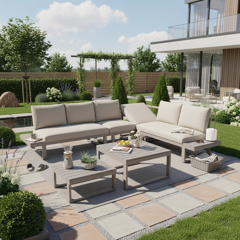 Set Divano da Giardino Angolare con Tavolini ¨C Xylo ¨C Beige, Acciaio Zincato