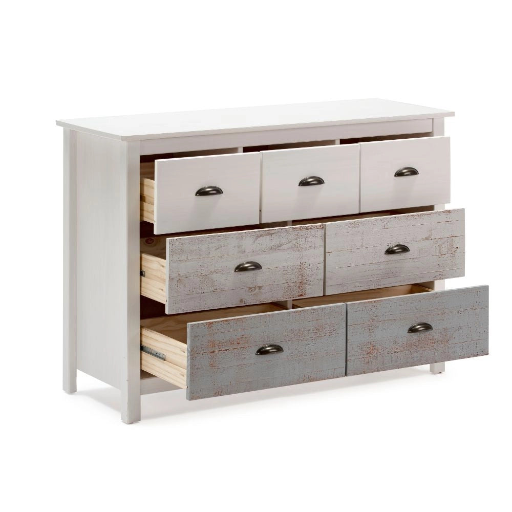 Comò in legno massiccio bianco e grigio Romantica 110x40x80H  – Eleganza Naturale con 7 cassetti