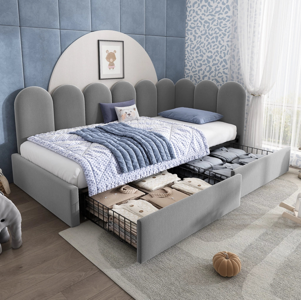 Letto singolo 90x200 cm in velluto grigio con 2 cassetti e struttura reversibile