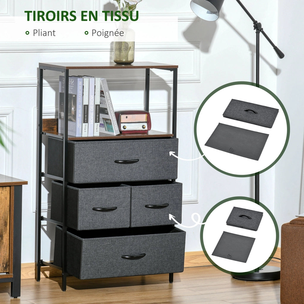 Cassettiera 4 cassetti con scaffali aperti ¨C Zephmum ¨C Grigio scuro tessuto e metallo