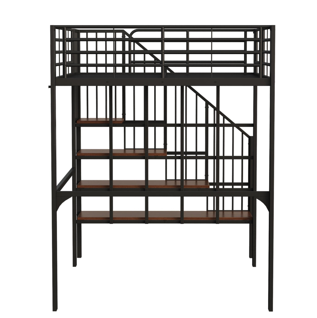 Letto a soppalco 140x200 cm in metallo e legno con scala integrata; nero