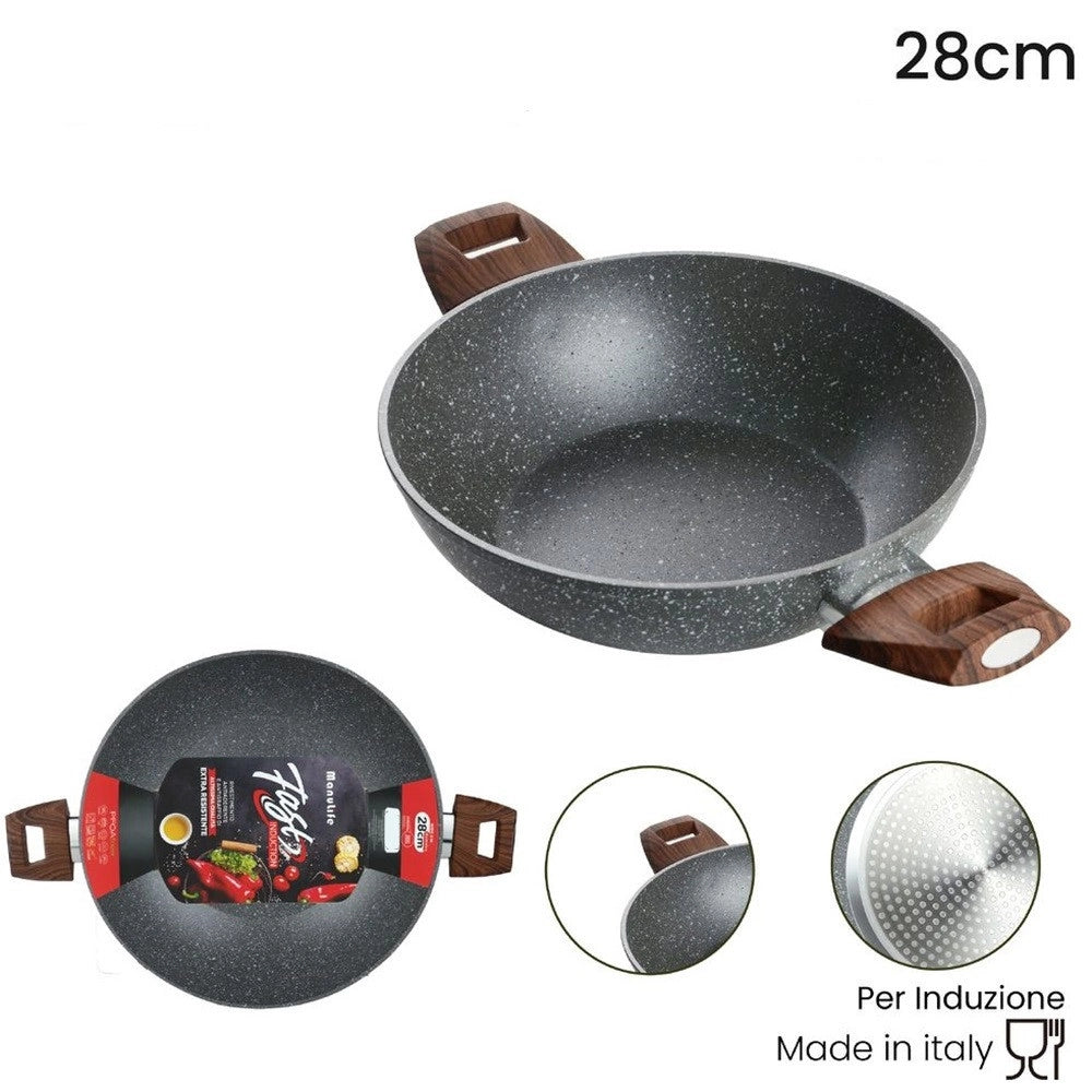 Trade Shop - Wok Rivestimento Antiaderente Antigraffio Per Induzione Con 2 Manici Legno ø24-28-32cm -