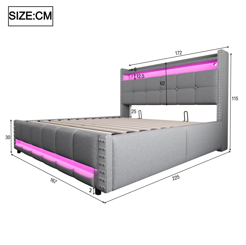 Letto imbottito 160x200 cm con LED; USB e contenitore in lino grigio chiaro