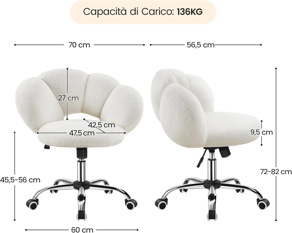 Sedia da Ufficio Scrivania Bianca Cameretta Imbottita Senza Braccioli Ergonomica con Ruote Girevole, Schienale Design a Nuvola in Tessuto Bouclé, Altezza Regolabile