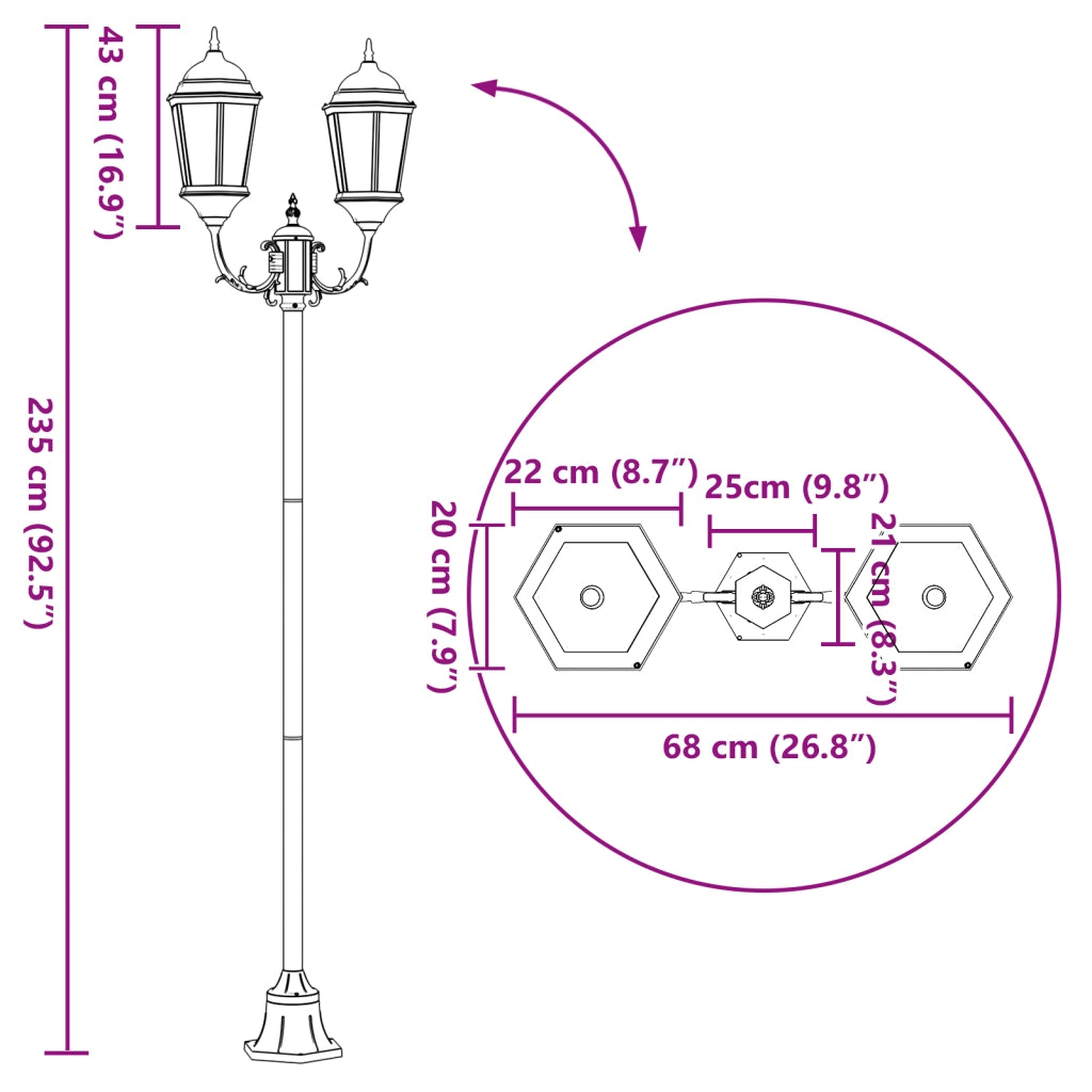 Lampione da Giardino  2-Lampade E27 Bronzo 220 cm Alluminio
