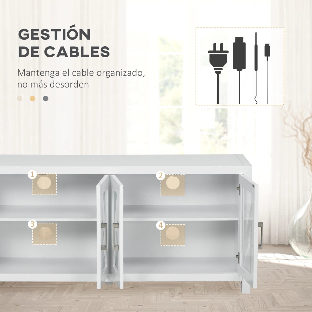 Mobile TV per televisori fino a 58 pollici con 4 ante in vetro e ripiani regolabili ¨C zephmum ¨C 130x35x60 cm bianco