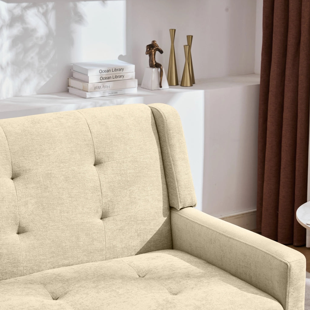 Banca 2 posti in lino trapuntato con cuscino in schiuma ad alta densità e gambe in legno massello beige