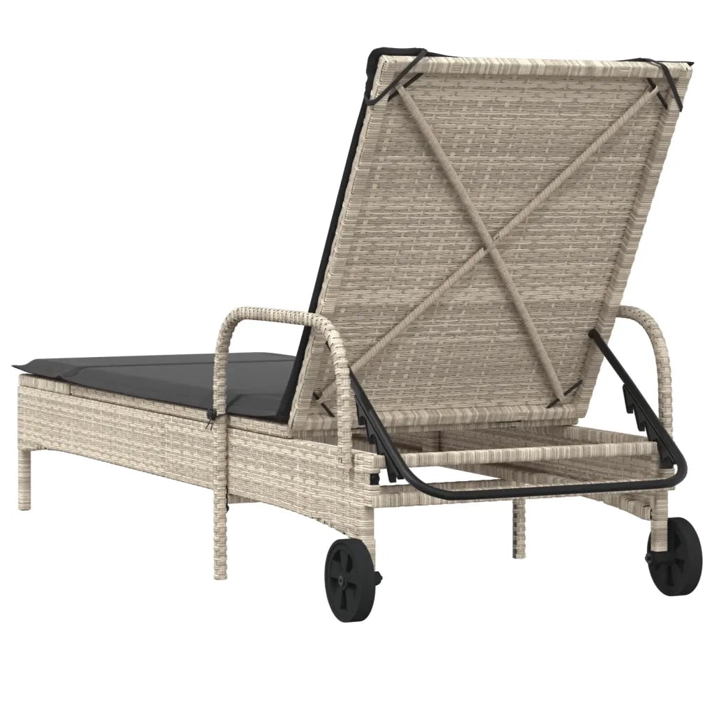 Lettino Prendisole | Sdraio da giardino | Lettino da sole con Ruote e Cuscino Polyrattan Grigio Chiaro