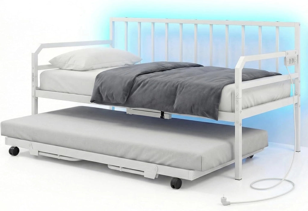 Letto Estraibile, Divano Letto Singolo con Luci LED e Stazione di Ricarica, Lettino Matrimoniale con Struttura in Metallo, 2 Pz 90x200 cm, per Soggiorno e Camera da Letto (Bianco)