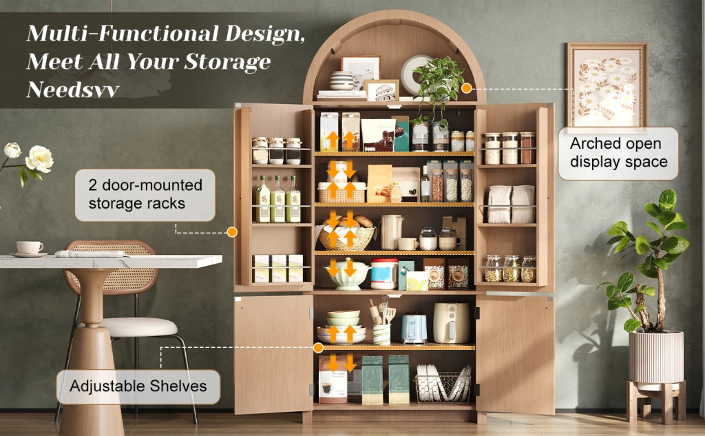 Armadio ad arco con 3 ripiani, 2 vani sulle ante e vano aperto superiore, per soggiorno, in MDF naturale, 80 × 40 × 180 cm