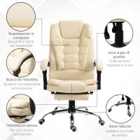 Poltrona Presidenziale in Similpelle Bianca con Schienale Reclinabile 145° e Poggiapiedi, 64.5x69x109-117 cm