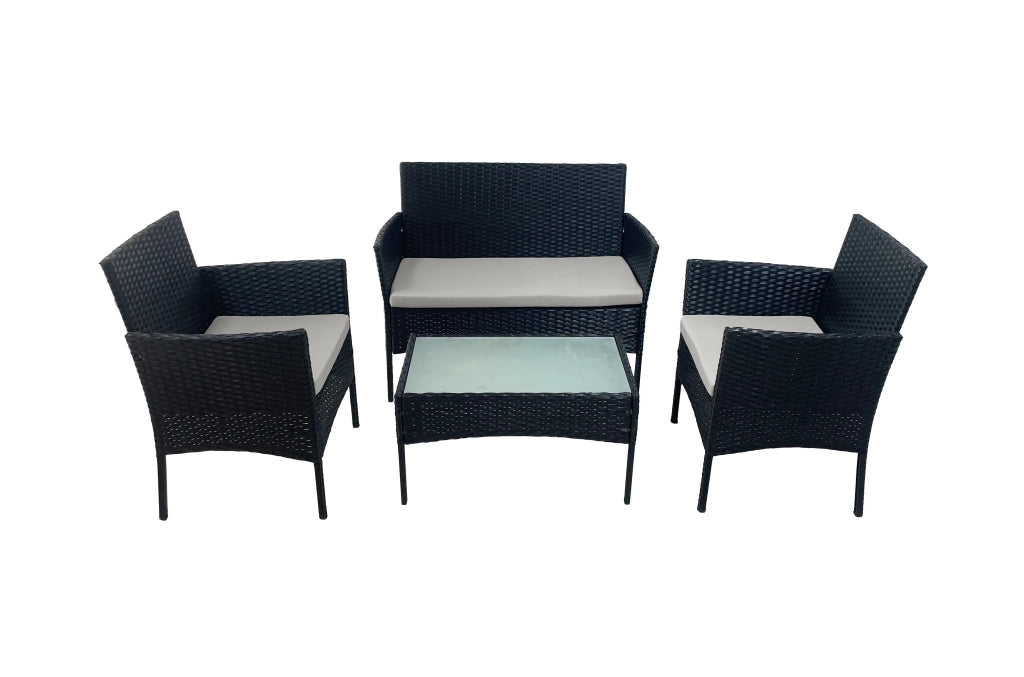 Set salotto da giardino Nivo in rattan sintetico, divano + 2 poltrone + tavolino con top in vetro