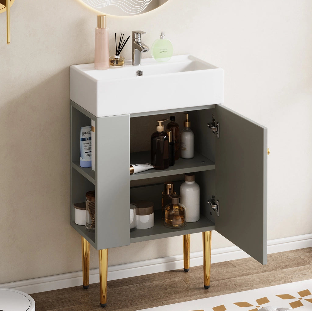 Mobile bagno freestanding ULEVR con lavabo integrato, vano contenitore e ripiani laterali, grigio e bianco
