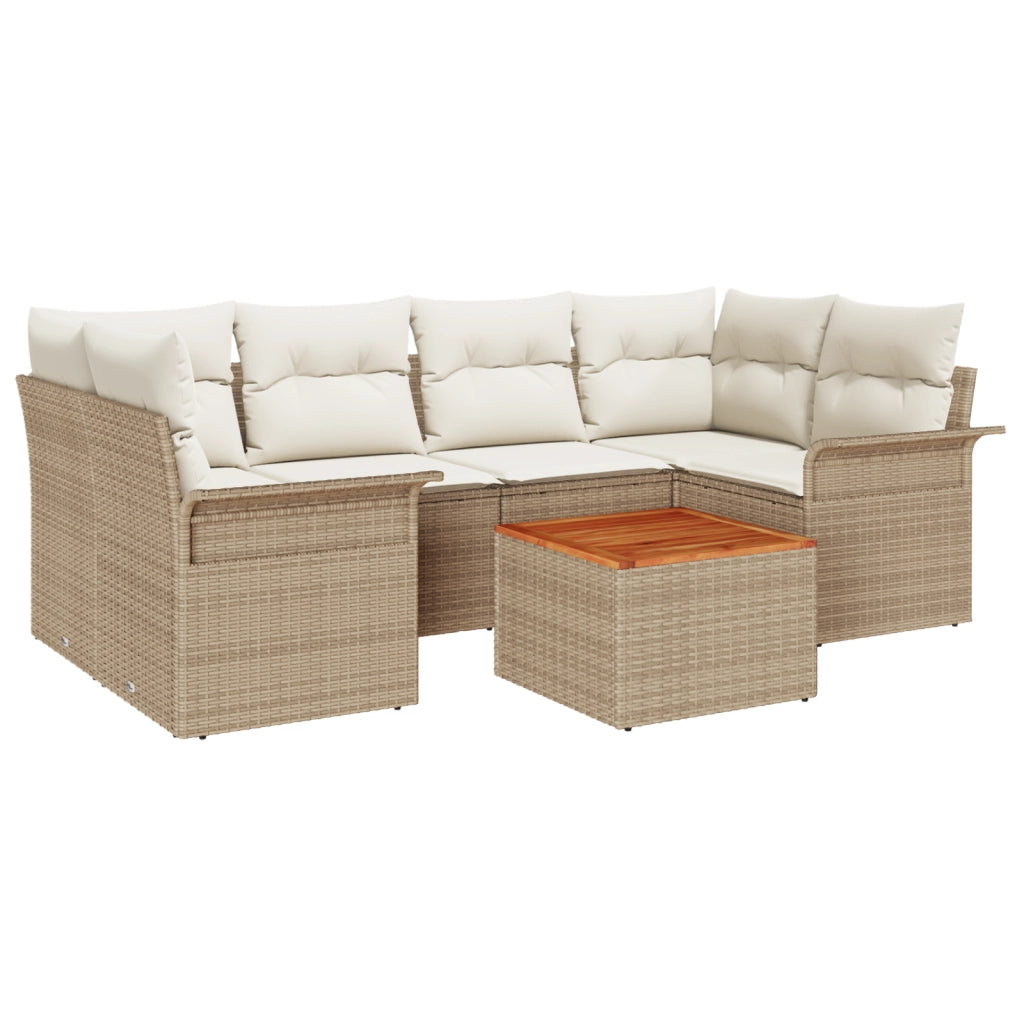 Set da giardino  7 pezzi con cuscini beige in polyrattan e acacia