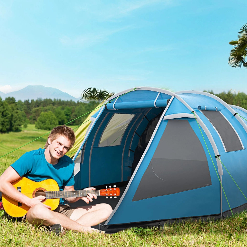 Tenda tunnel per 4 persone a 2 ambienti, blu, con protezione UV e borsa da trasporto