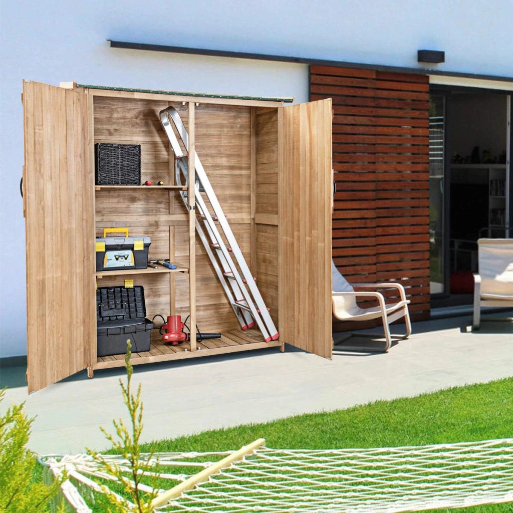 Casetta da Giardino in Legno, 140 x 50 x 162 cm, Capanno per Attrezzi per Esterno con 2 Ripiani e 1 Armadio, Resistente alle Intemperie con Ante Bloccabili, Capanno da Giardino