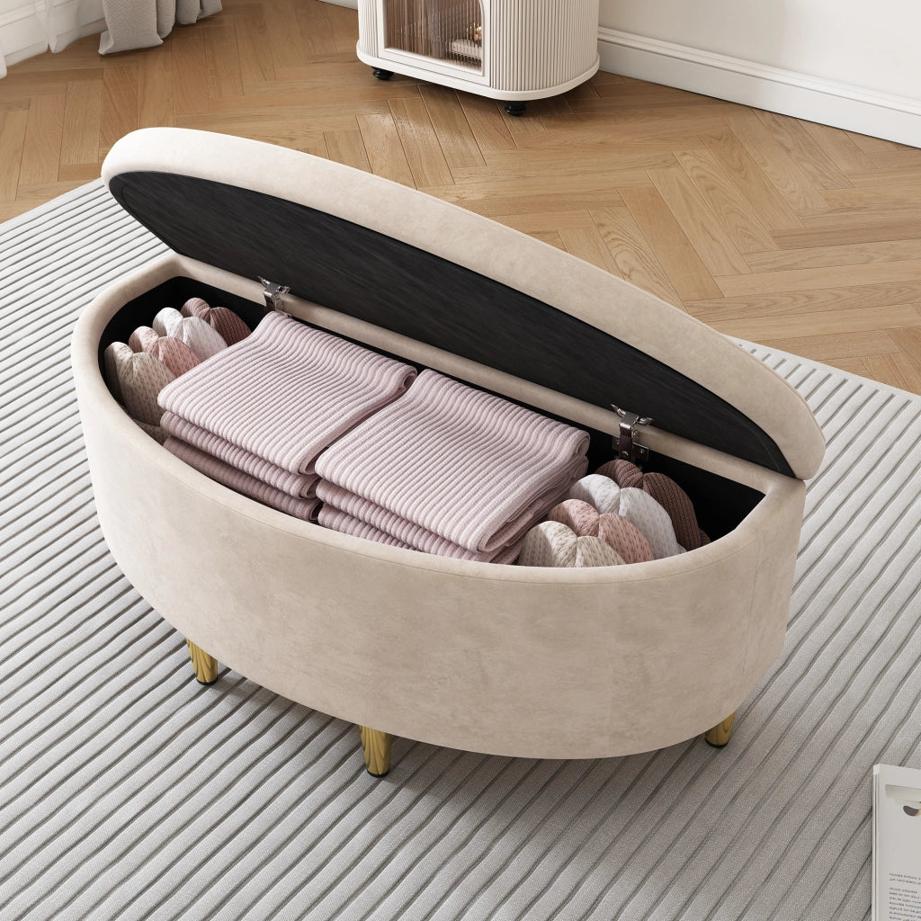 Panca Contenitore con Seduta Imbottita Confortevole; Design Europeo Elegante; Gambe in Metallo in Velluto Beige