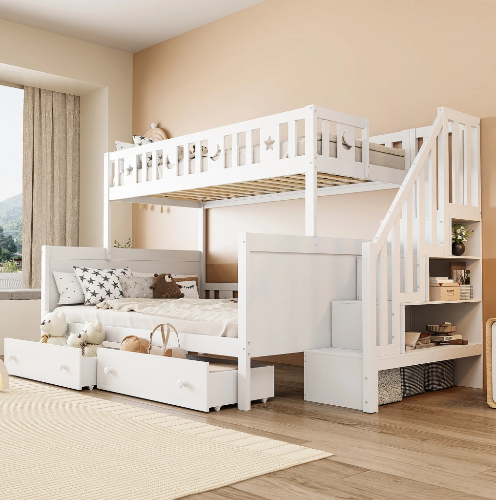 Letto a castello per bambini 90x200 e 140x200 cm con scala contenitore, bianco
