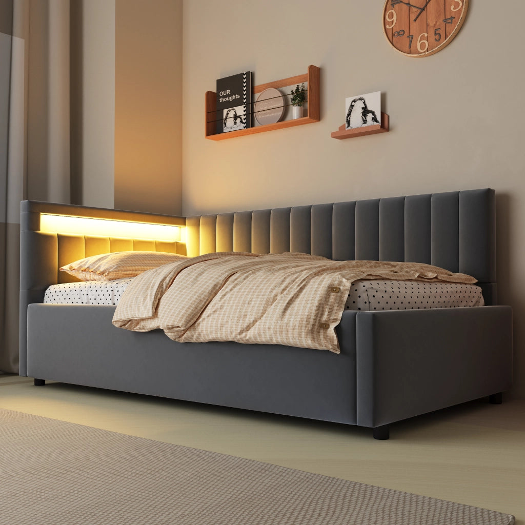 DESMIU Letto divano 90 × 200 cm 1 posto con LED e contenitore idraulico, senza materasso, in velluto, grigio