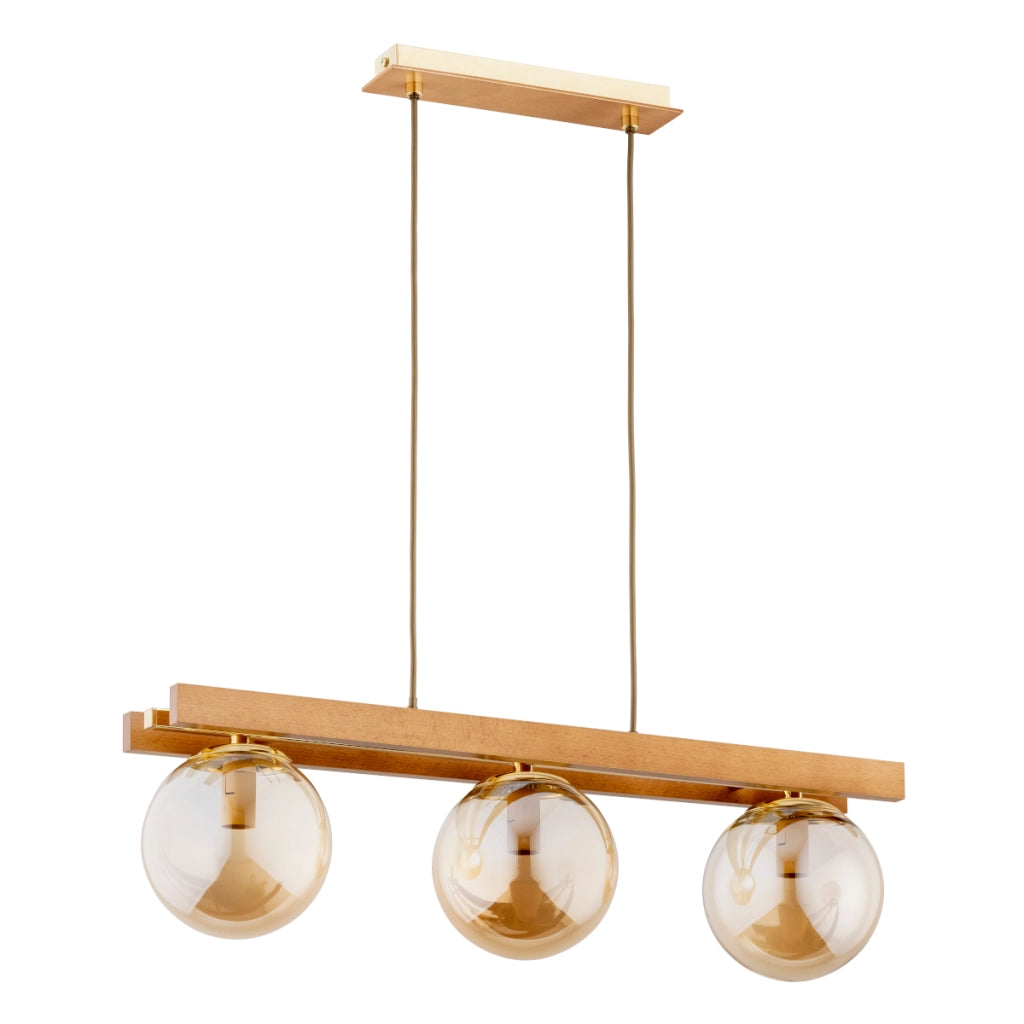 Lampada sospensione legno vetro ambra oro 3xE14 Alfa