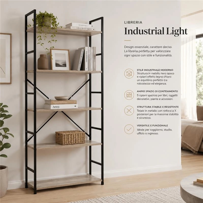 LIBRERIA STILE INDUSTRIAL A 5 RIPIANI IN LEGNO E METALLO DIMENSIONI 59X24X144CM - COLORE ROVERE