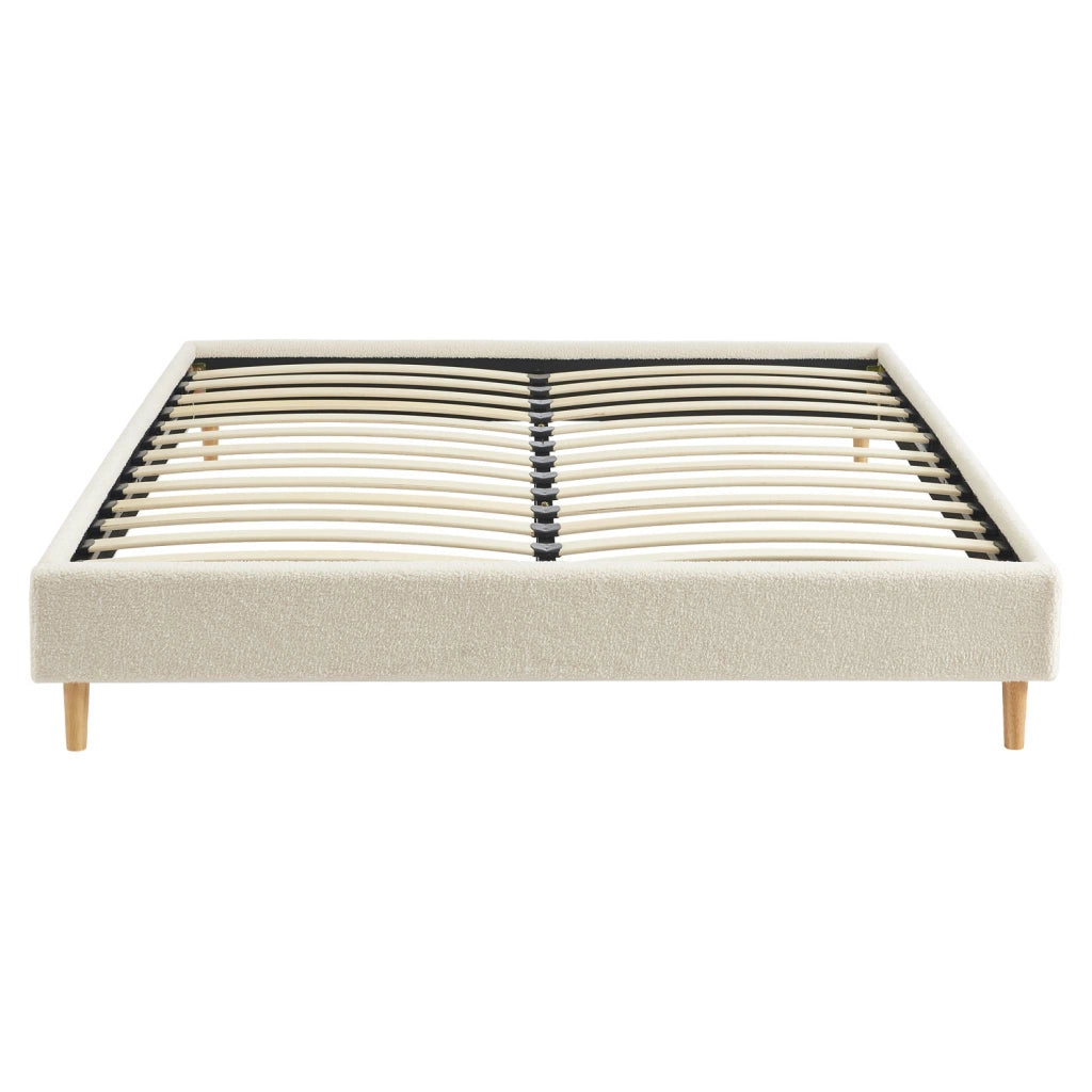 Struttura letto con rete a doghe, finitura bouclé, bianco, bianco