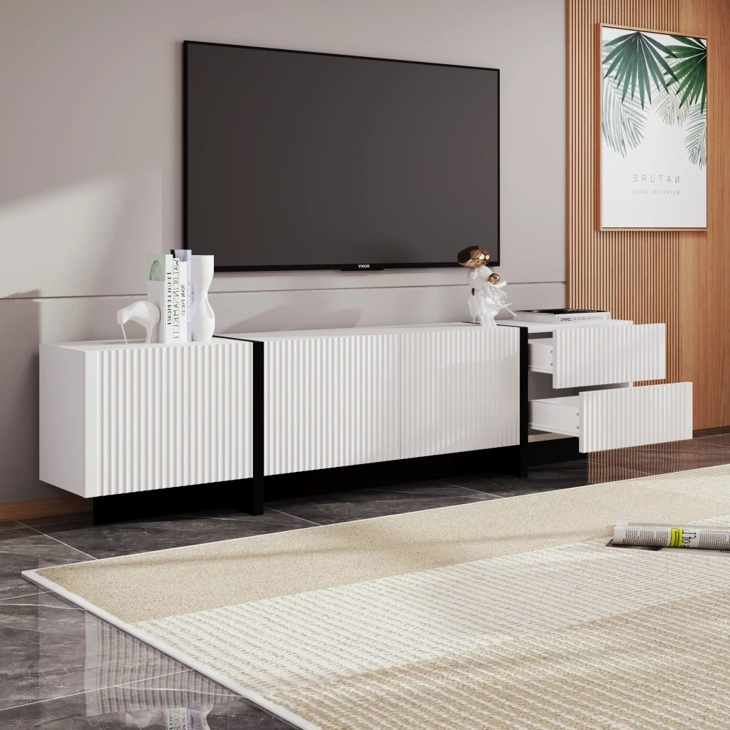 OKWISH Mobile TV con 3 Ante e 2 Cassetti, Cerniere Ammortizzate, per Soggiorno, MDF, Nero e Bianco, 190 x 35 x 45 cm
