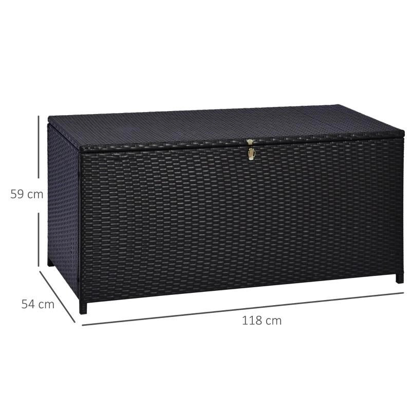 BAULE DA ESTERNO DA 284L CON PISTONE A GAS, RATTAN PE E ACCIAIO, 118X54X59 CM, MARRONE SCURO