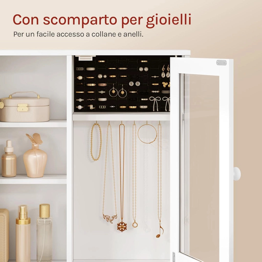 WOLTU Toeletta con Cassetti per Gioielli e Grande Specchio, Sedia da Make Up, Seduta Imbottita, Specchio a Luce LED Regolabile, Tavolo da Trucco con Prese, Cassetti e Ripiani, Bianco