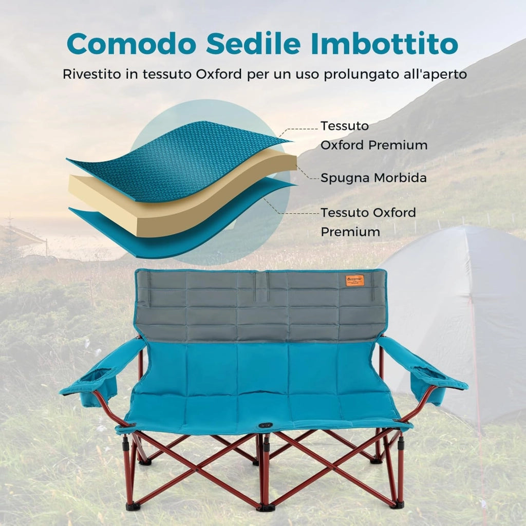 Sedia da Campeggio per 2/3 Persone, Divano per Picnic Pieghevole con Braccioli Regolabili e Portabicchieri, Sedia da Esterno Portatile con Borsa da Trasporto (147 x 69 x 82 cm,Blu)