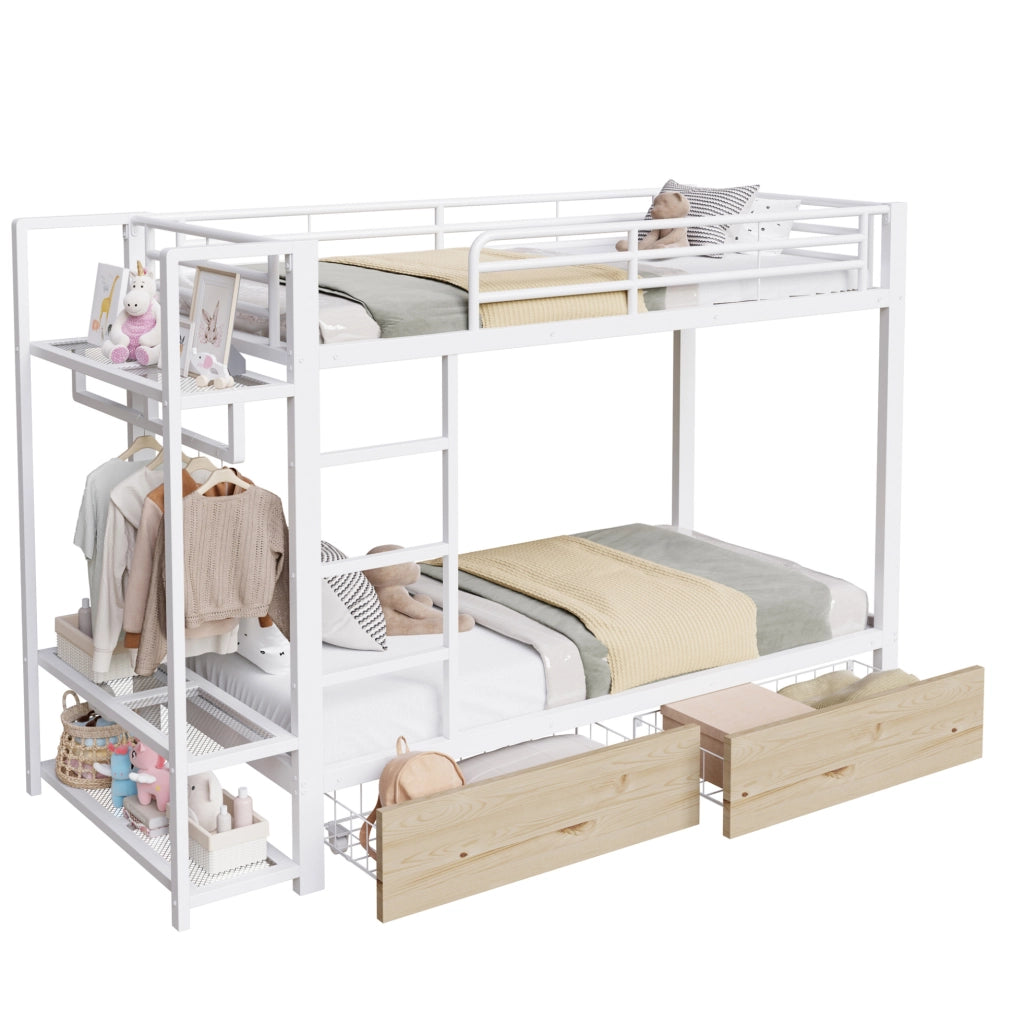 Letto a castello 90x200 cm con struttura in metallo; 2 cassetti; ripiani e LED; bianco